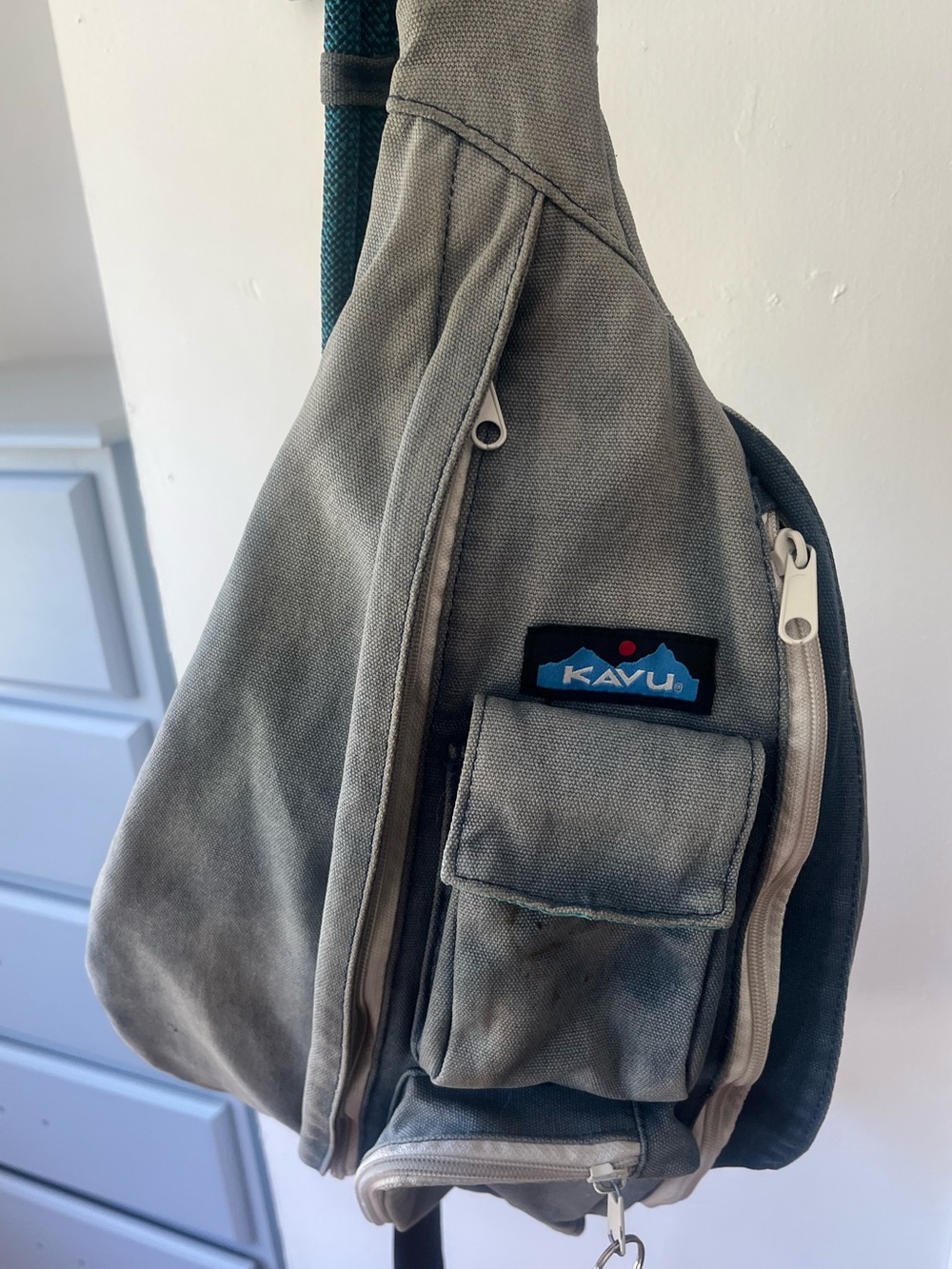 KAVU Rope Sling Backpack Gray Blue Crossbody Shoulder Bag Outdoor Travel